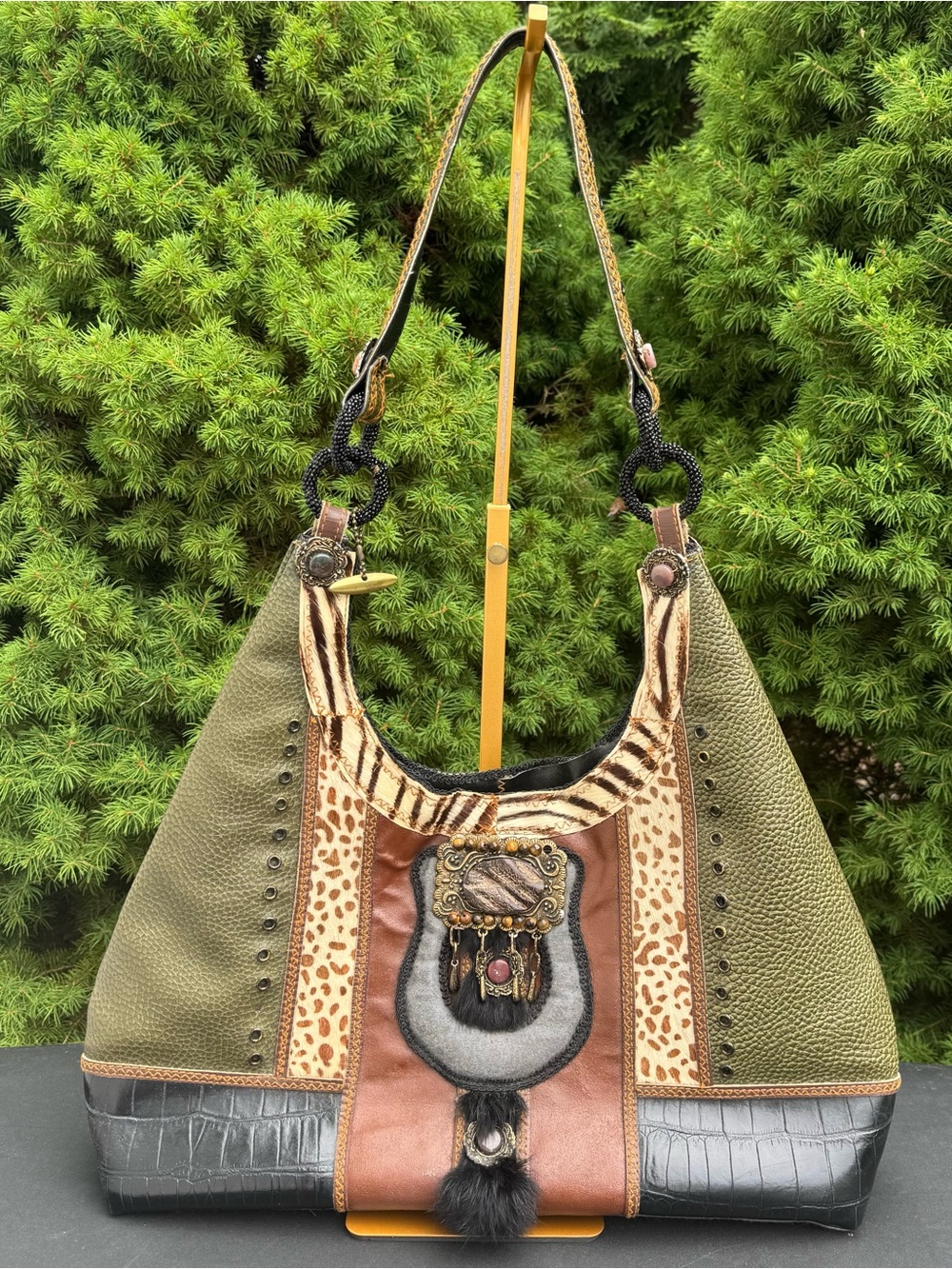 Mary Frances Green Multi-Texture Bohemian Hobo Shoulder Bag